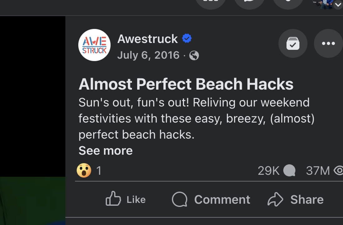 Awestruck’s Almost Perfect Beach Hacks post showing 37 million views.