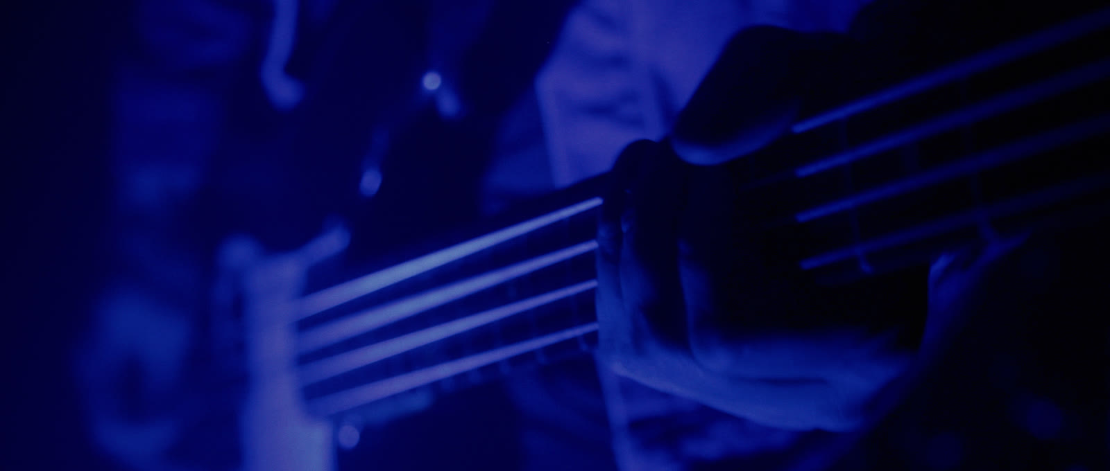 A blue-lit close view of bass strings and the player’s hand.