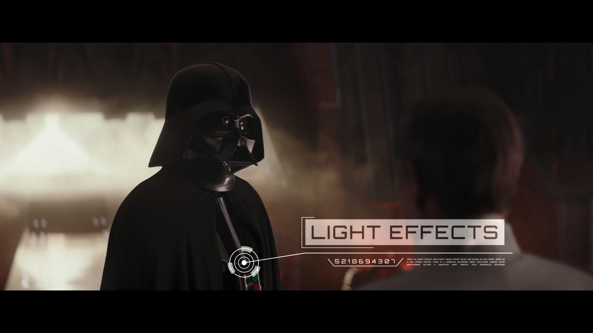 Darth Vader film frame with explanatory technical callout typography for the Lux Machina in-camera VFX reel.